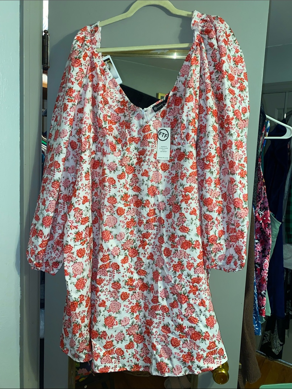 Fashion to Figure Skater Dress with Red Floral Print and Puff Sleeves
